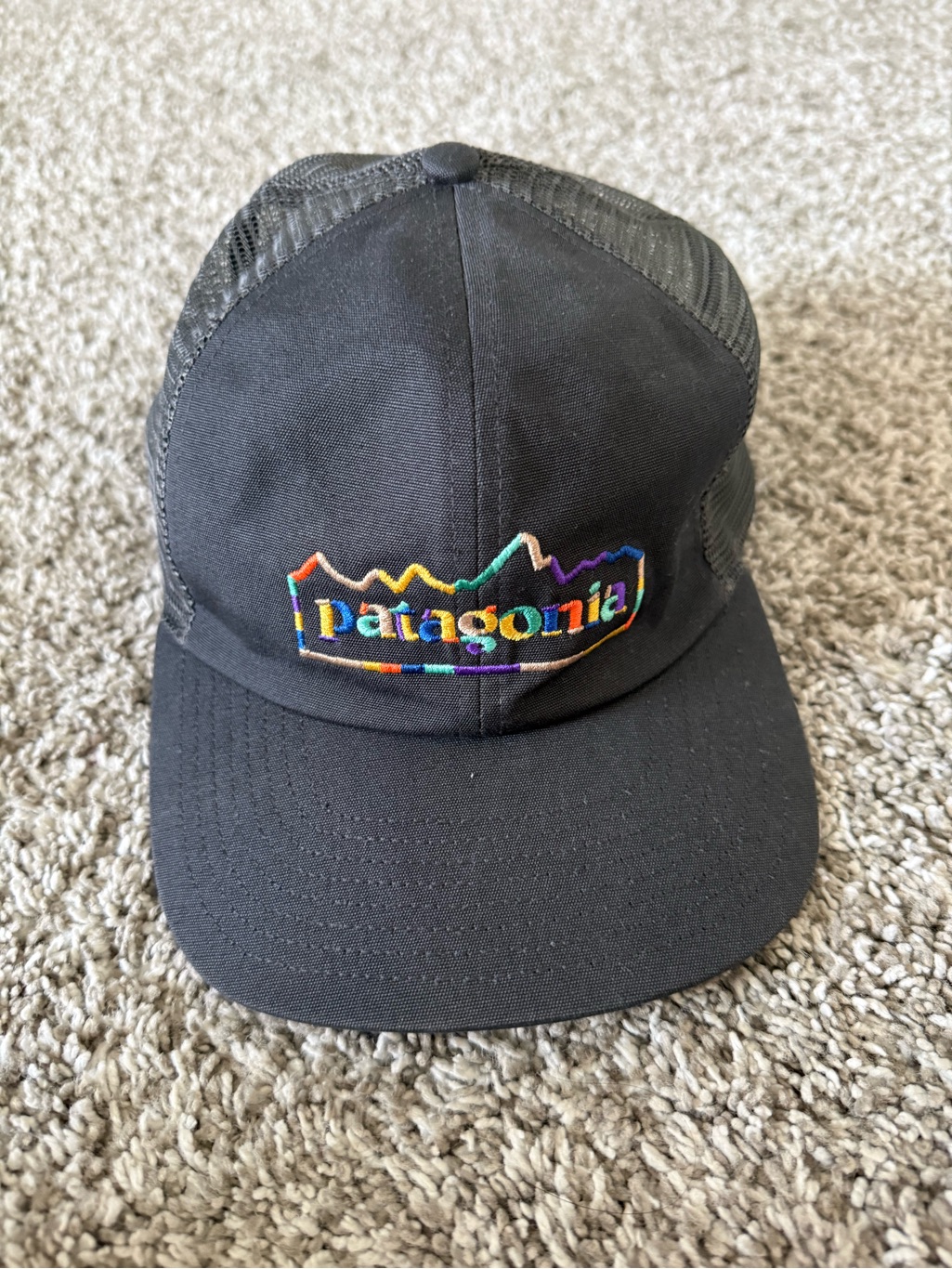 Patagonia Black Trucker Cap With Multicolor Rainbow Logo